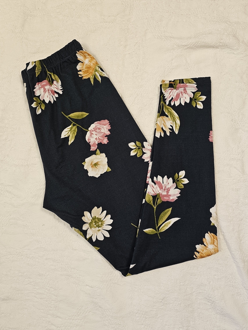 Agnes & Dora Floral Leggings L Navy Blue Buttery Soft Stretch